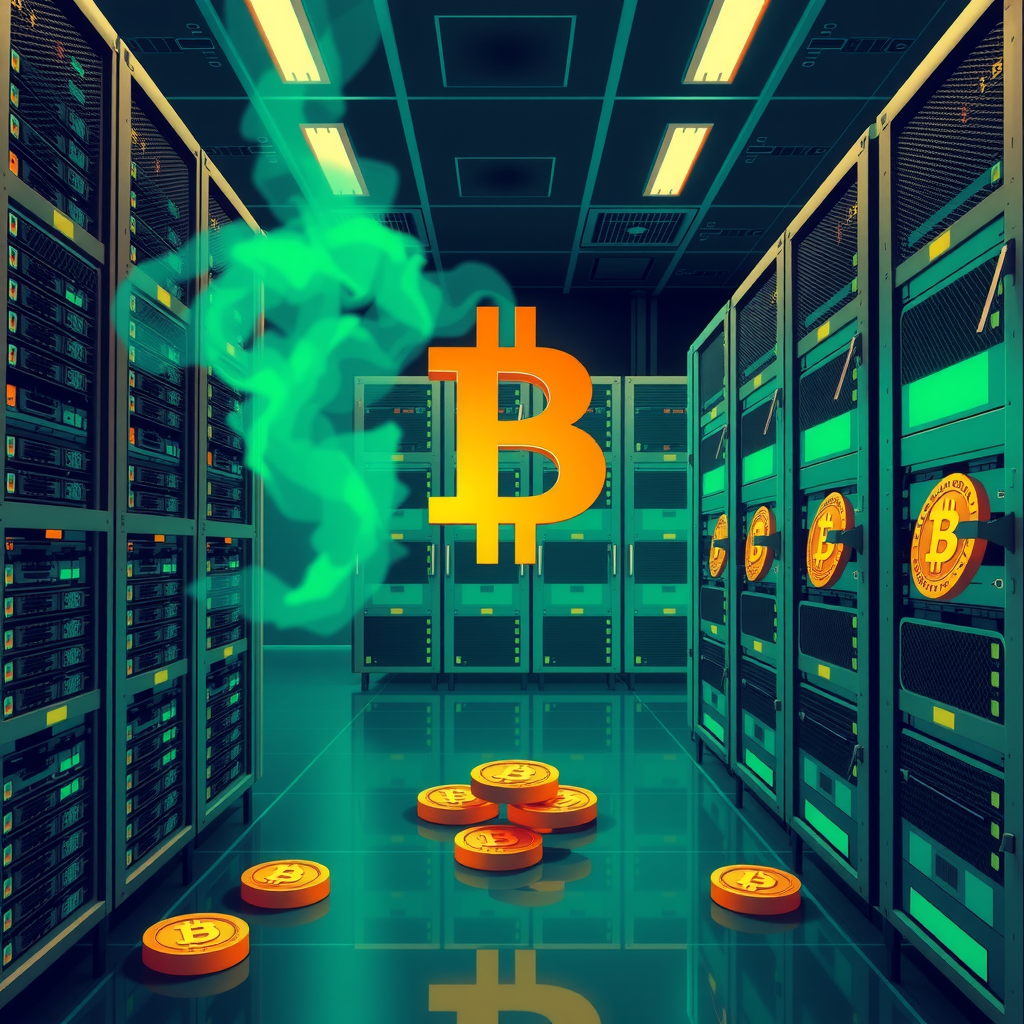 Create a image showing a crypto mining data center which is producing bitcoins or other crypto currencies