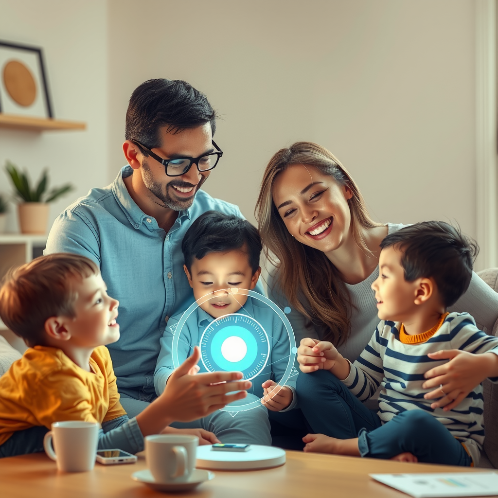 ai-generated image of a happy family engaging with a smart AI assistant, receiving helpful insights