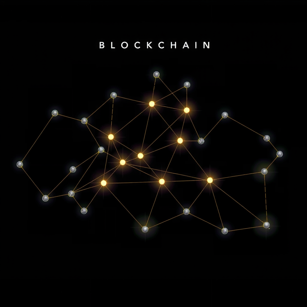 A blockchain which is a network of nodes and edges with a dark background and some blinking showing activity and transactions in the blockchain.