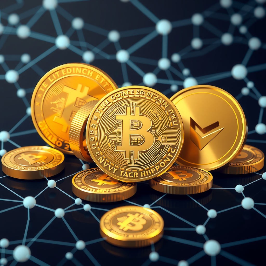 Create a image showing coins with a crypto logo to illustrate crypto currency. You can use the BTC, ETH, or similar famous crypto logo. The background can be abstract and futuristic e.g show a blockchain which is a network with nodes and edges
