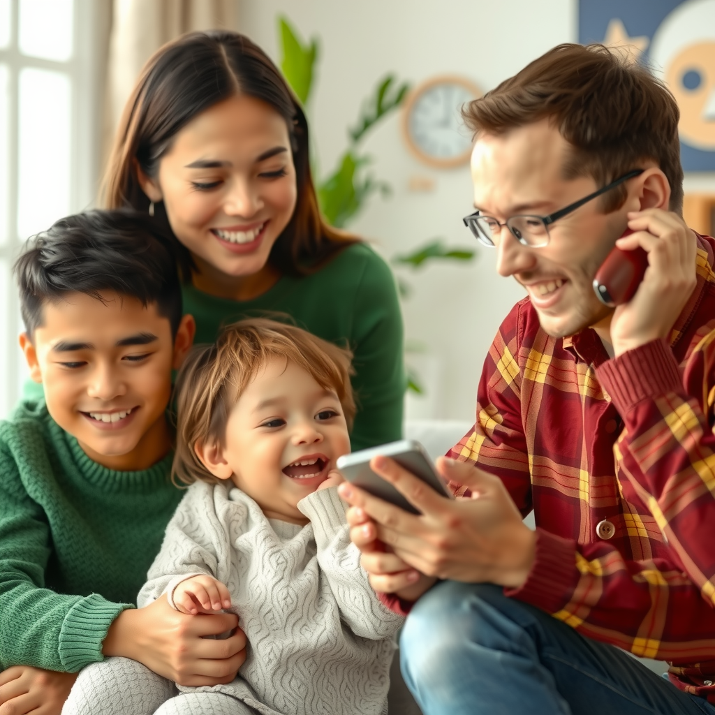 ai-generated image of a happy family engaging with a smart AI assistant, receiving helpful insights