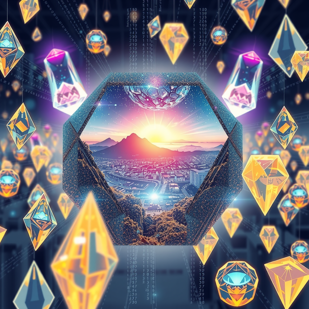 Create an image inspired by the concept of Non-Fungible Tokens or NFTs. The artwork could be a stunning landscape or complex abstract design, surrounded by the ethereal glow of blockchain code strings, hinting at the underpinning technology of NFTs. In the background, portray a digital marketplace, filled with other similar prisms, making a scene that feels futuristic and exploring the excitement and intrigue surrounding the digitized art market.