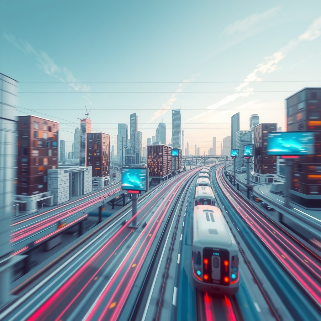 ai-generated image of a futuristic high-speed city with tech innovation hubs, symbolizing speed in development. 