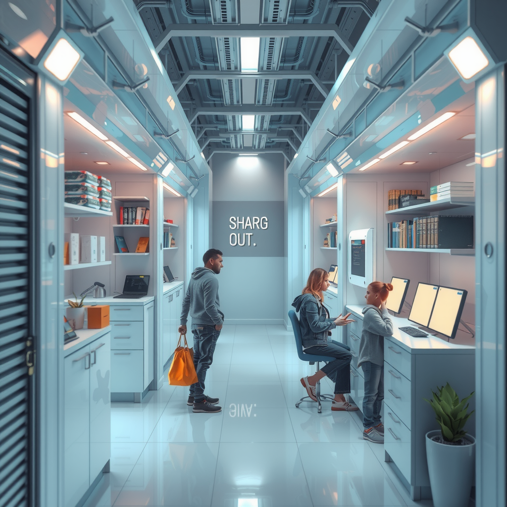 ai-generated image of a futuristic storage-sharing economy, showing people renting out spaces