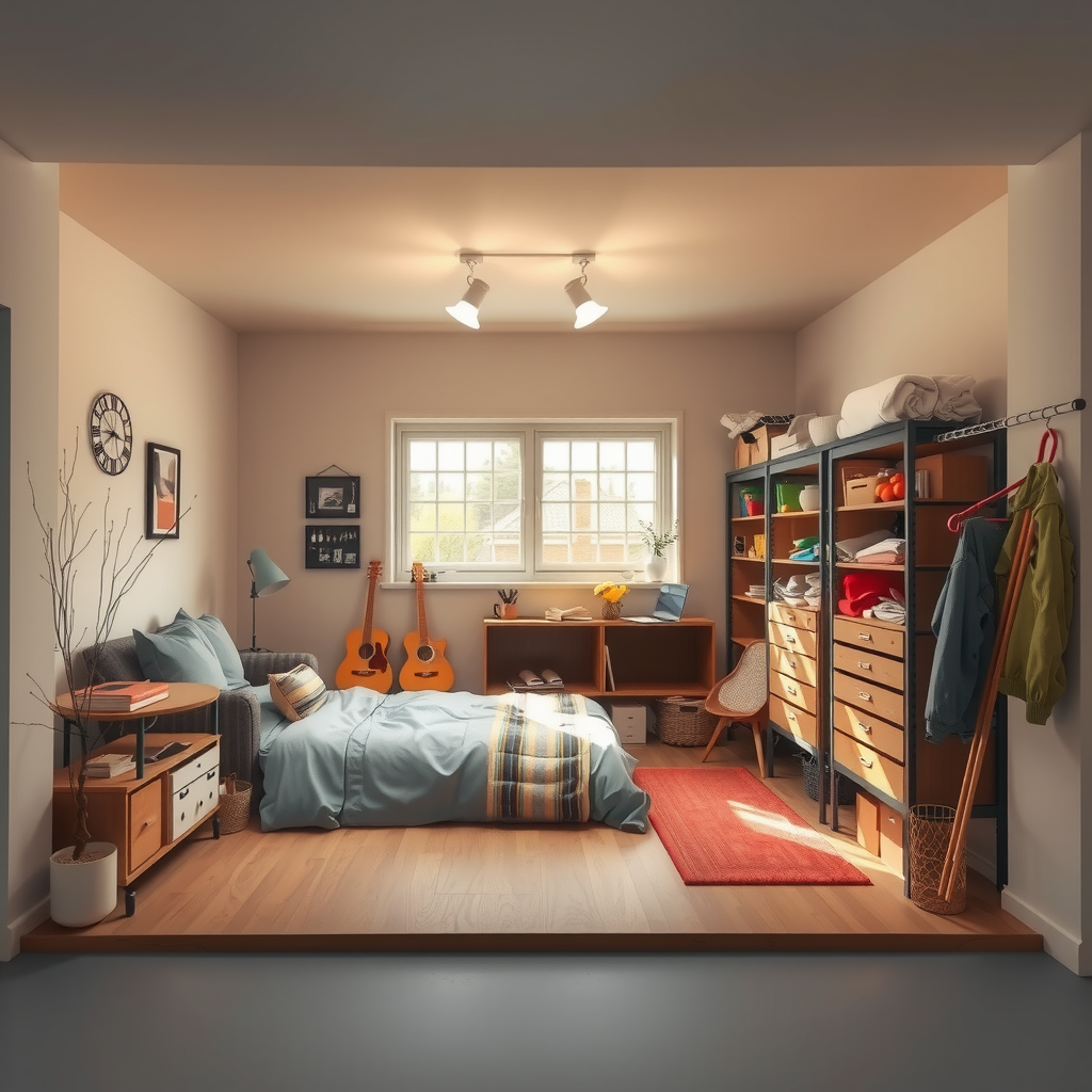 Erstelle ein Bild das zeigt wie private Lagerungsräume aussehen könnten wie z.B. ein Keller, ein Raum in einer Wohnung oder Einfamilienhaus. Es könnte auch eine Garage sein oder ein andere Ort indem man gut Sachen lagern kann.