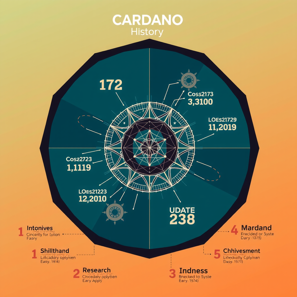 Create an image illustrating the history of the Cardano blockchain, their development, roadmap, and achievements. It's related to research and education. Everything is proofed and validated similar to research at University. Do not use text in the image, it should just be visual and nothing to read.