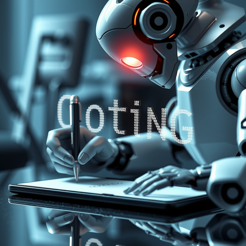ai-generated image of an AI robot writing on a digital notepad, with words forming dynamically