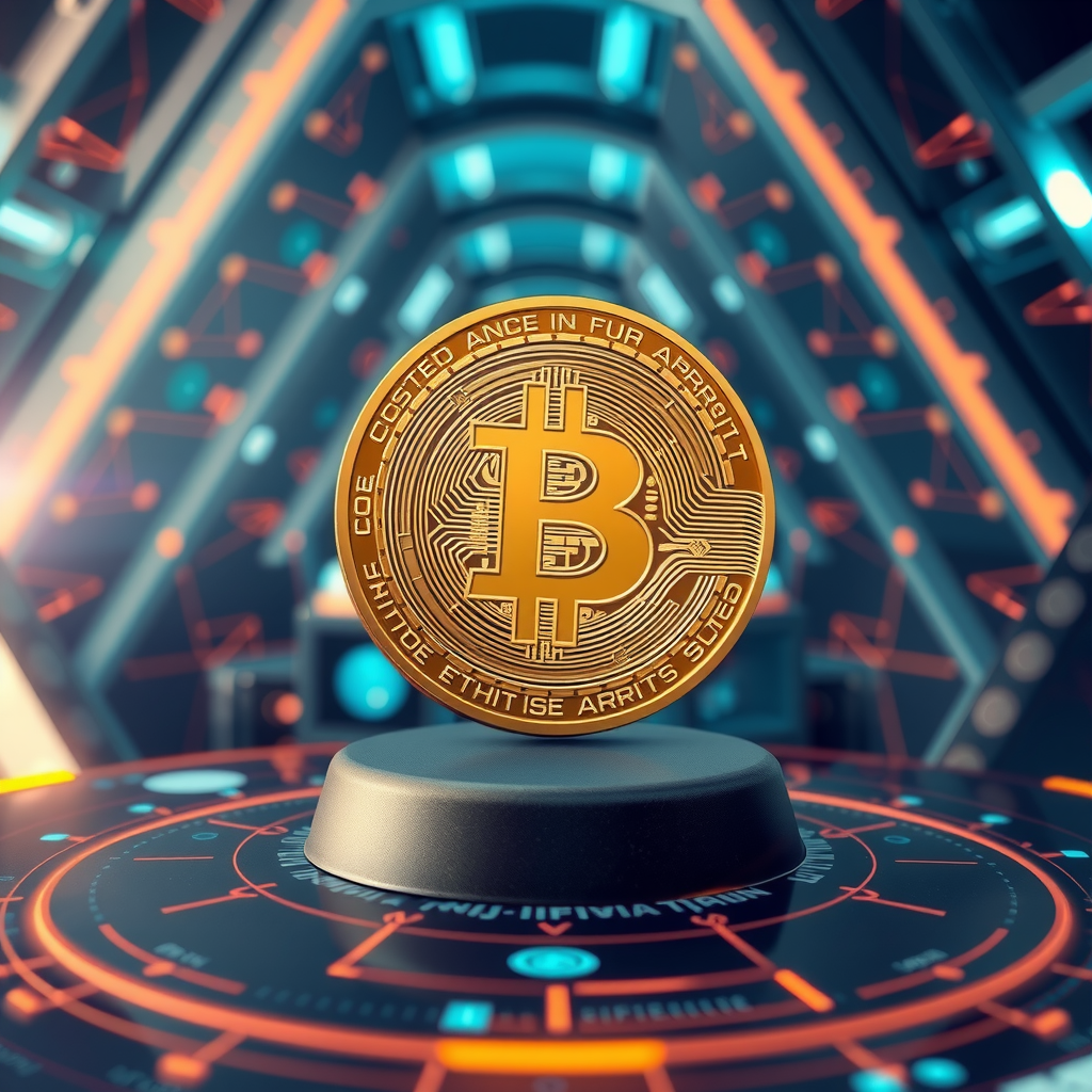 Generate a image showing a bitcoin (BTC) in a futuristic background