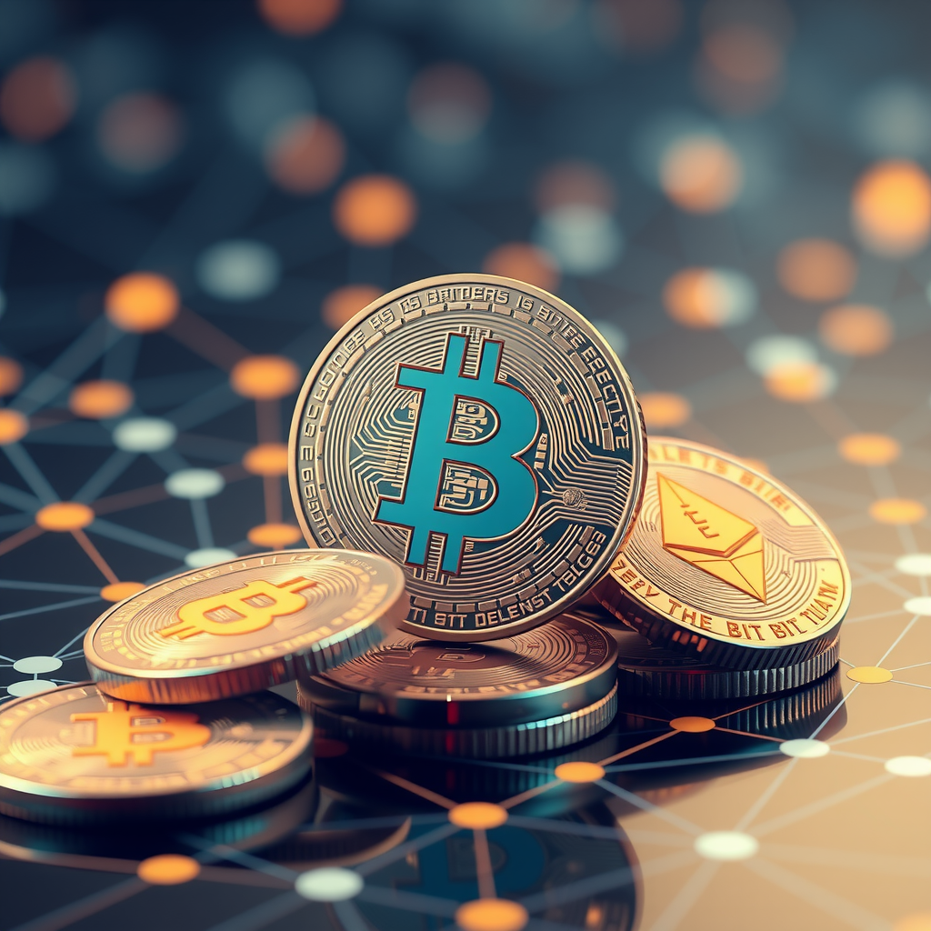 Create a image showing coins with a crypto logo to illustrate crypto currency. You can use the BTC, ETH, or similar famous crypto logo. The background can be abstract and futuristic e.g show a blockchain which is a network with nodes and edges