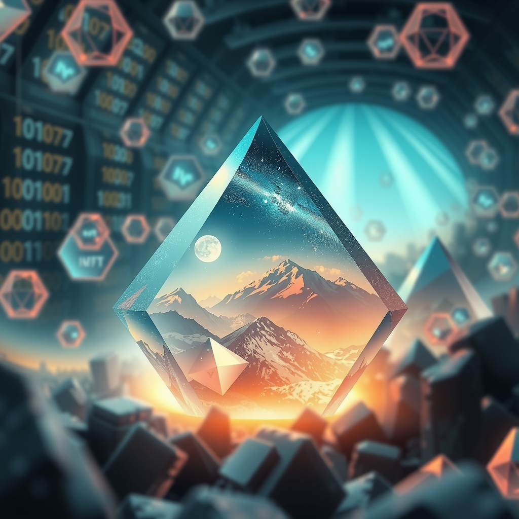 Create an image inspired by the concept of Non-Fungible Tokens or NFTs. The artwork could be a stunning landscape or complex abstract design, surrounded by the ethereal glow of blockchain code strings, hinting at the underpinning technology of NFTs. In the background, portray a digital marketplace, filled with other similar prisms, making a scene that feels futuristic and exploring the excitement and intrigue surrounding the digitized art market.