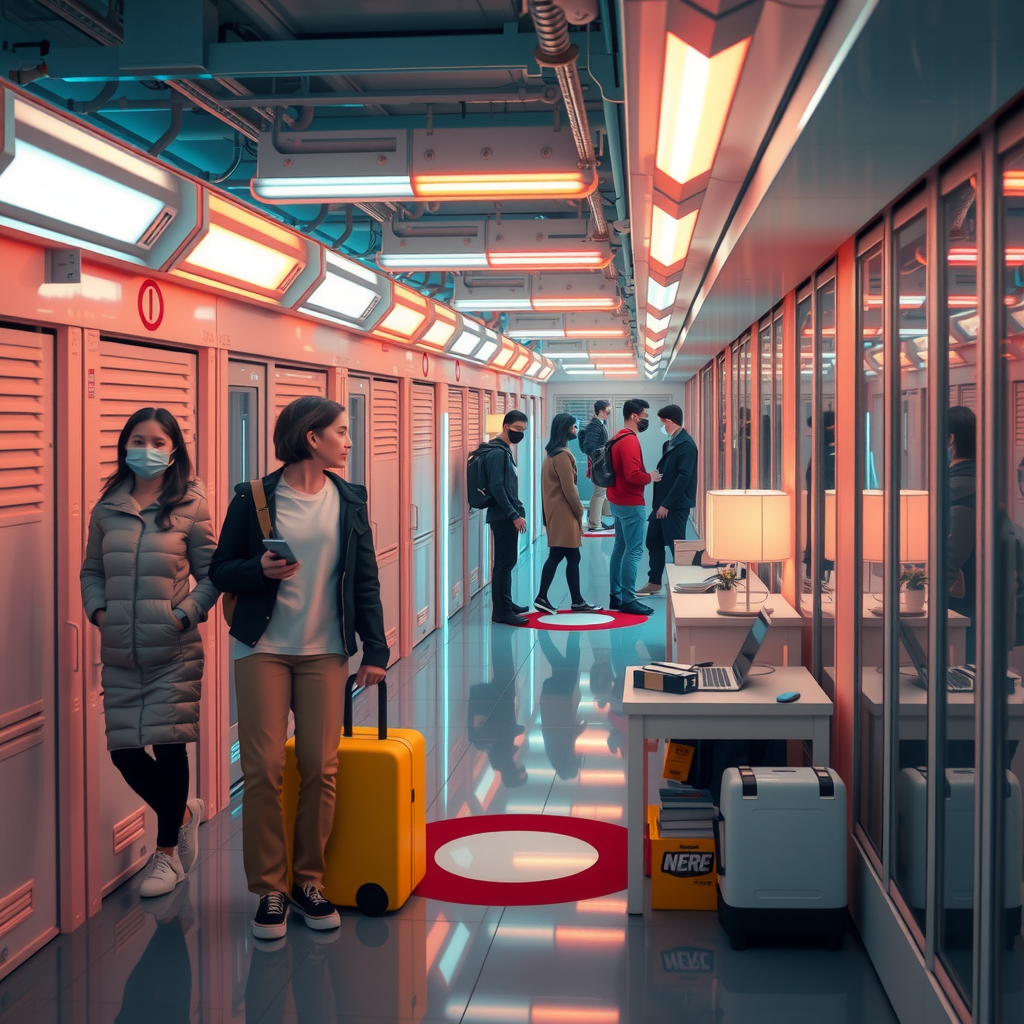 ai-generated image of a futuristic storage-sharing economy, showing people renting out spaces