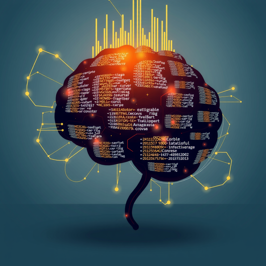 ai-generated image of a digital brain made of code and data, symbolizing complex algorithmic thinking
