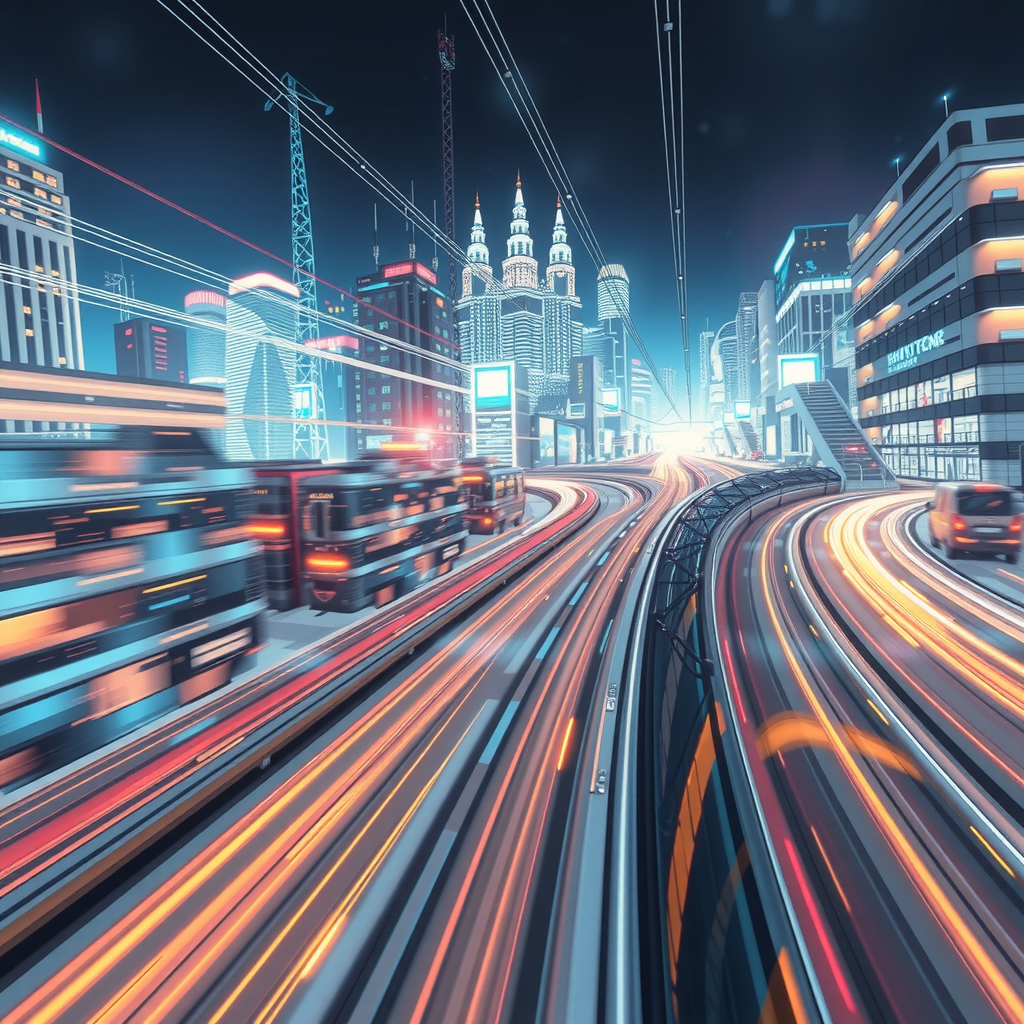 ai-generated image of a futuristic high-speed city with tech innovation hubs, symbolizing speed in development. 