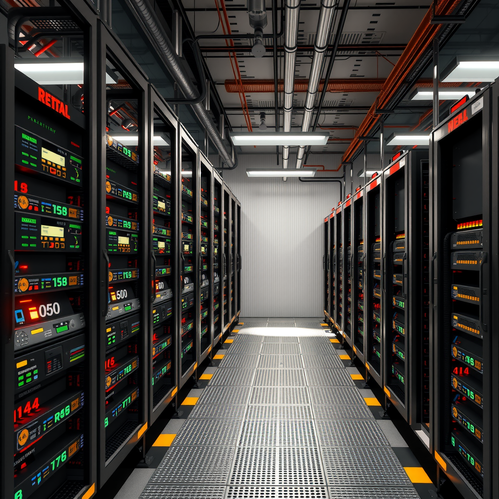 Create a image showing a crypto mining data center which is producing bitcoins or other crypto currencies