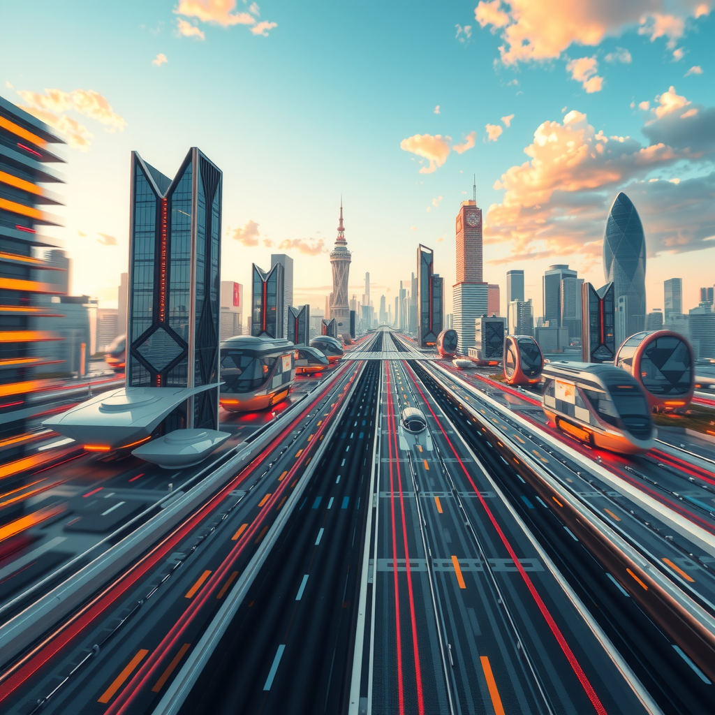 ai-generated image of a futuristic high-speed city with tech innovation hubs, symbolizing speed in development. 