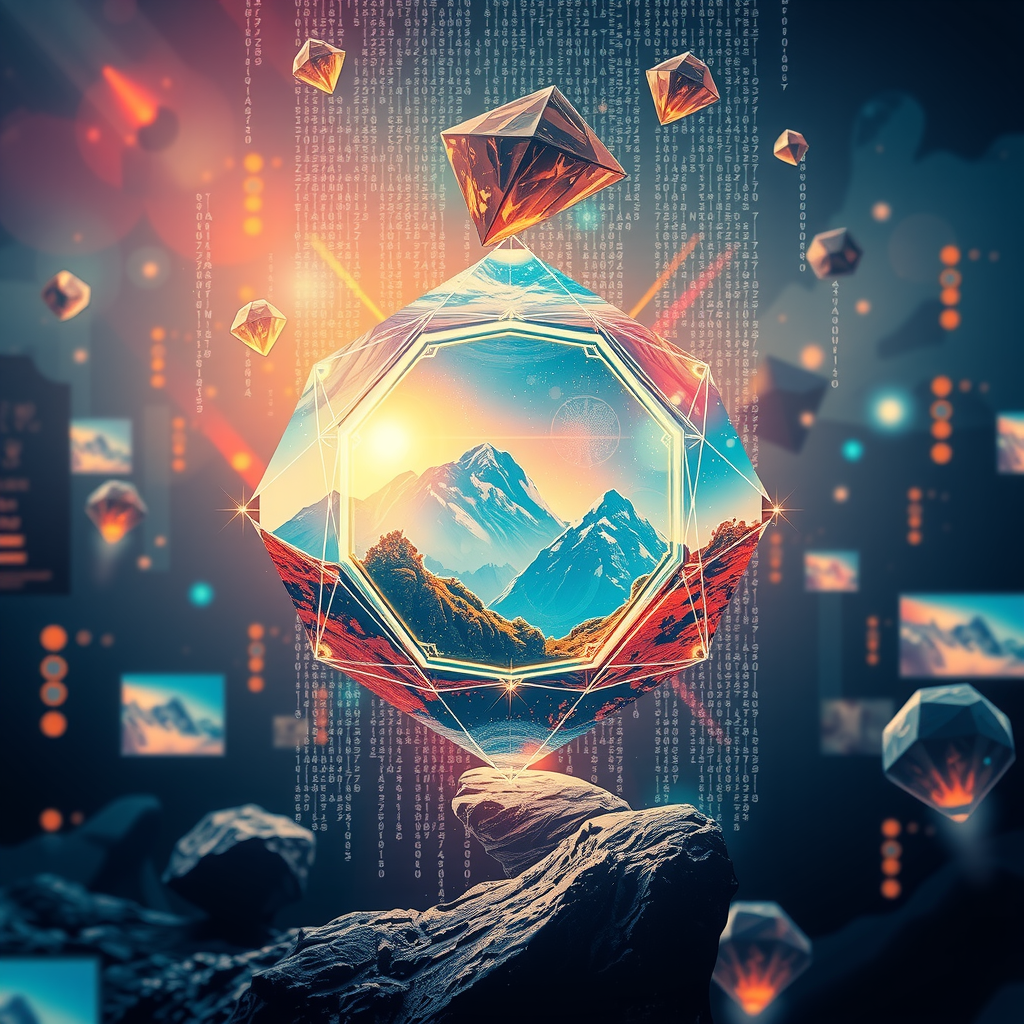 Create an image inspired by the concept of Non-Fungible Tokens or NFTs. The artwork could be a stunning landscape or complex abstract design, surrounded by the ethereal glow of blockchain code strings, hinting at the underpinning technology of NFTs. In the background, portray a digital marketplace, filled with other similar prisms, making a scene that feels futuristic and exploring the excitement and intrigue surrounding the digitized art market.