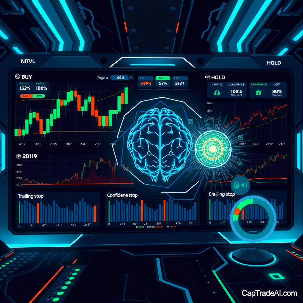 Create a futuristic, high-tech dashboard interface showcasing an autonomous crypto trading AI. The scene includes: • Real-time candlestick charts with AI annotations (“BUY”, “SELL”, “HOLD”) • Labels like “Market Regime: Bull”, “Volatility Spike Detected”, and “Confidence &gt; 80%” • Floating icons or overlays representing DCA, trailing stop, and strategy voting • A glowing neural network brain integrated into a circuit board • Dark mode color palette with electric blue and neon green highlights The style should blend cyberpunk aesthetics with financial UI/UX design, ideal for a promo of CapTradeAI.com — a next-gen autonomous trading agent.