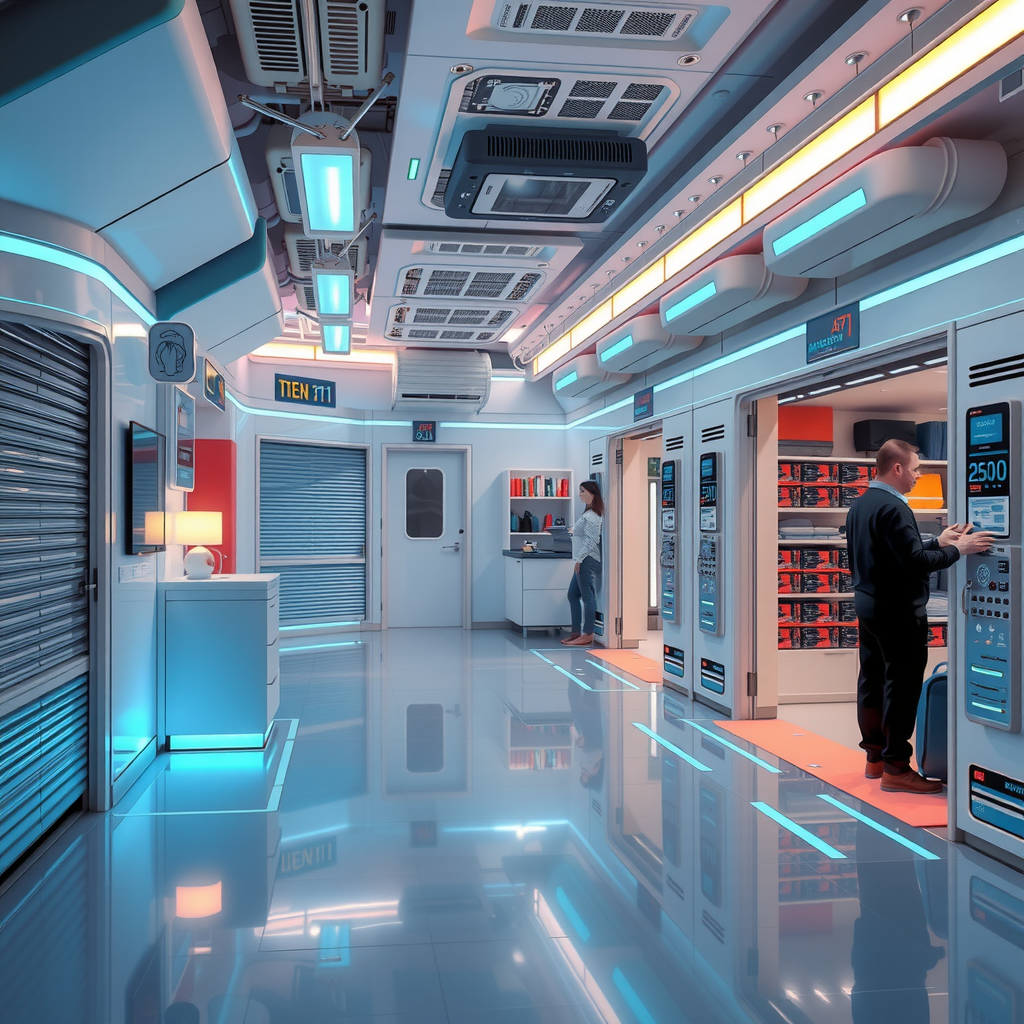 ai-generated image of a futuristic storage-sharing economy, showing people renting out spaces