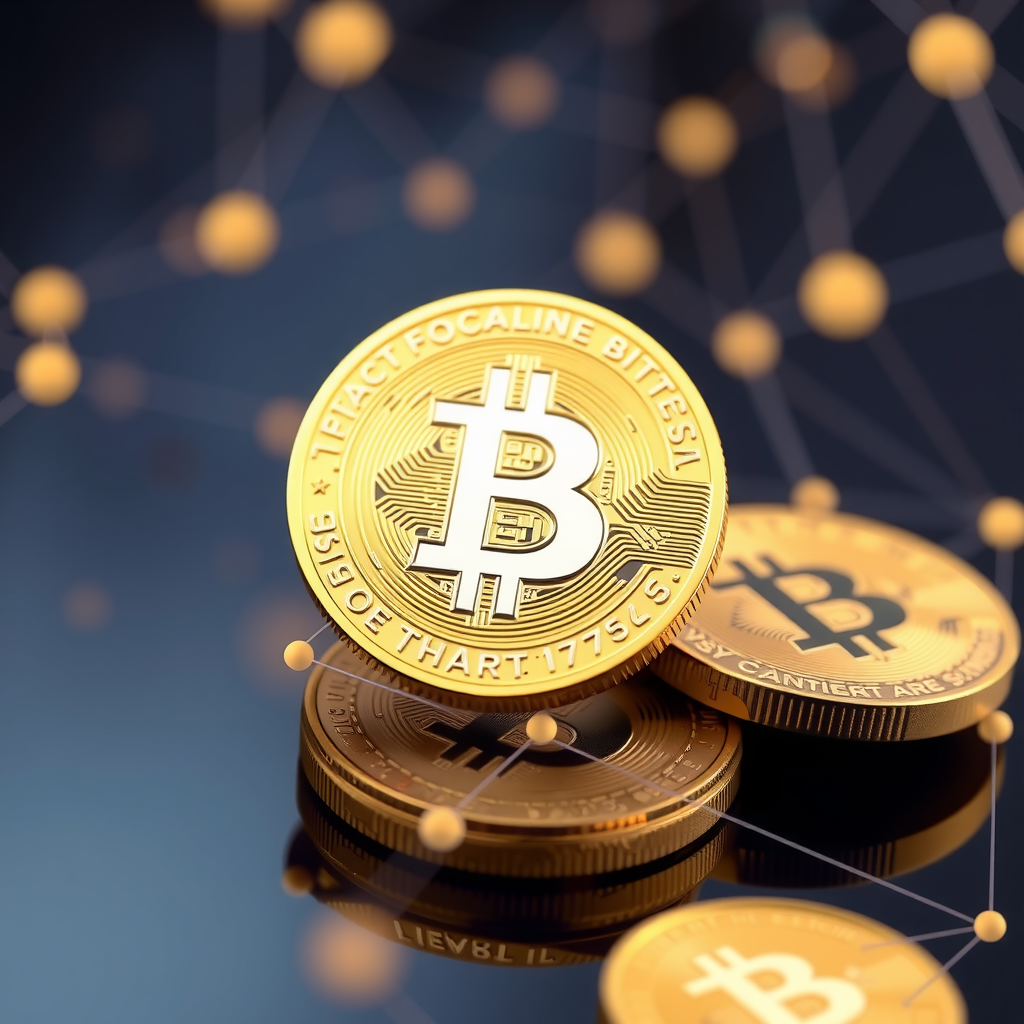 Create a image showing coins with a crypto logo to illustrate crypto currency. You can use the BTC, ETH, or similar famous crypto logo. The background can be abstract and futuristic e.g show a blockchain which is a network with nodes and edges