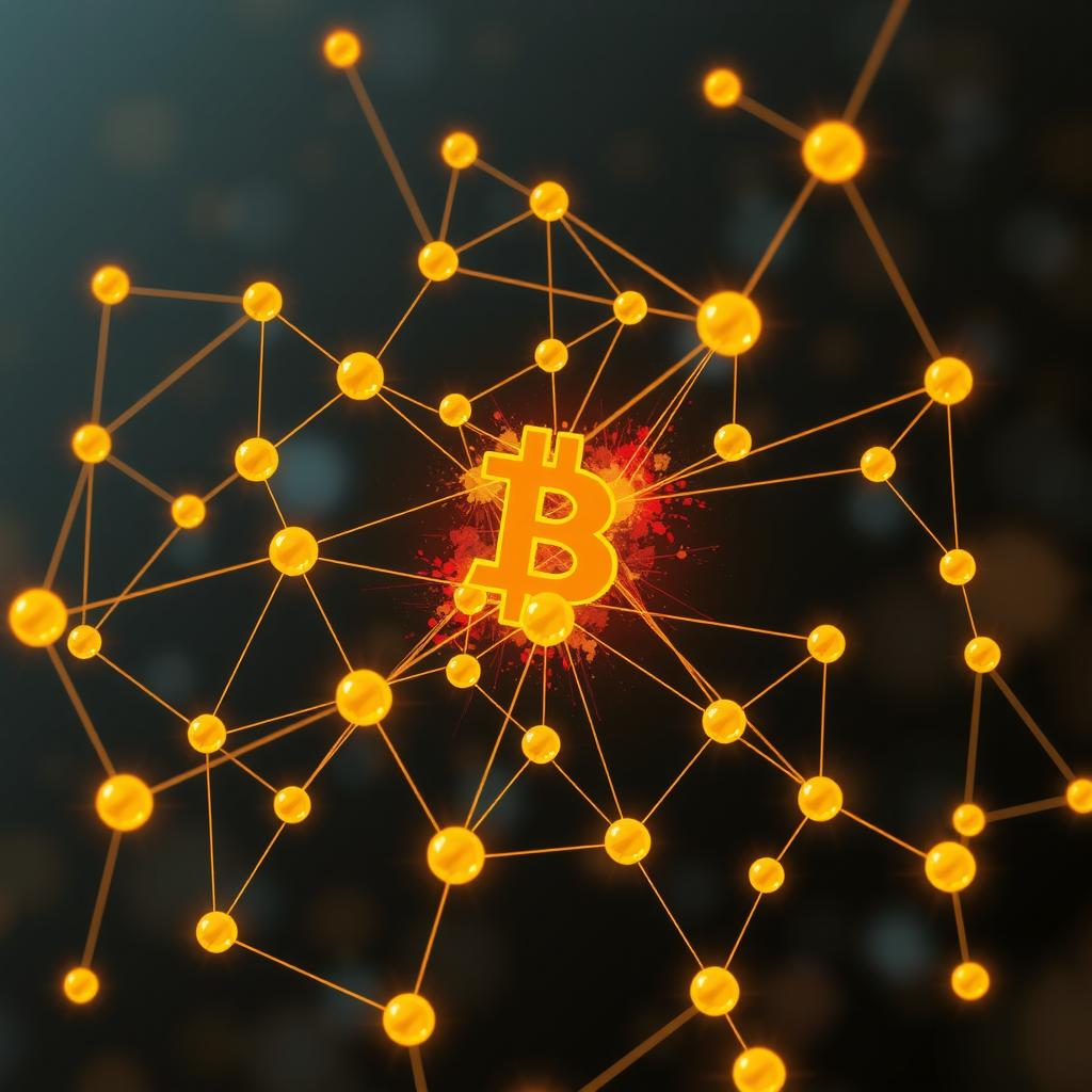 Create an image showing a blockchain in a abstract way with nodes and edges. A kind of network that is running the blockchain.