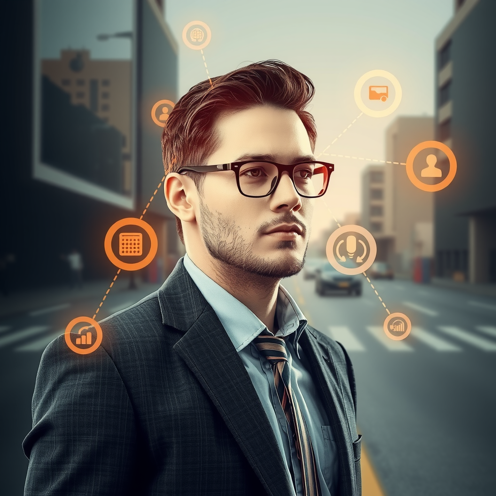 ai-generated image of a business professional facing crossroads, with tech-inspired solutions visualized around them