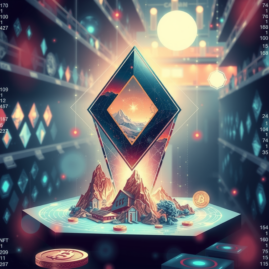 Create an image inspired by the concept of Non-Fungible Tokens or NFTs. The artwork could be a stunning landscape or complex abstract design, surrounded by the ethereal glow of blockchain code strings, hinting at the underpinning technology of NFTs. In the background, portray a digital marketplace, filled with other similar prisms, making a scene that feels futuristic and exploring the excitement and intrigue surrounding the digitized art market.
