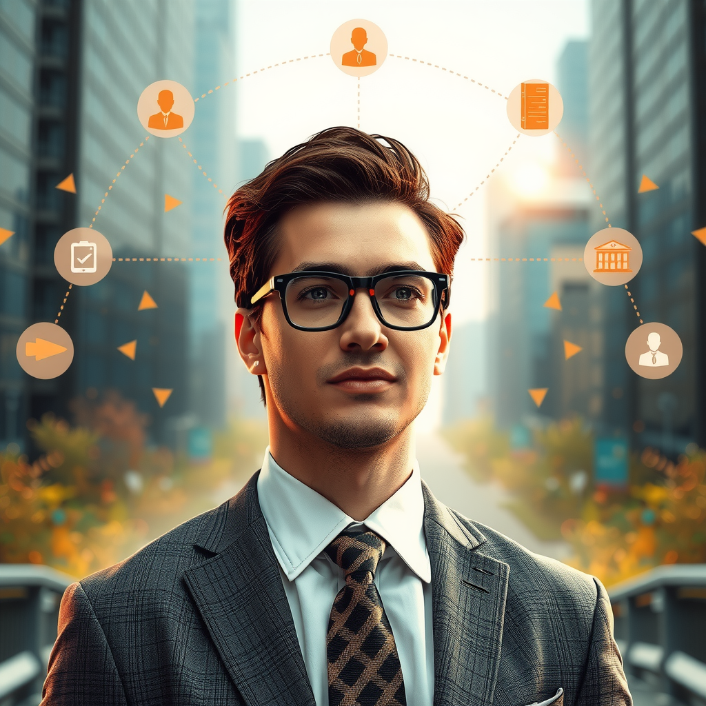 ai-generated image of a business professional facing crossroads, with tech-inspired solutions visualized around them