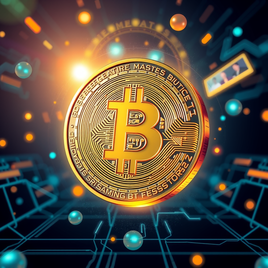 Generate a image showing a bitcoin (BTC) in a futuristic background