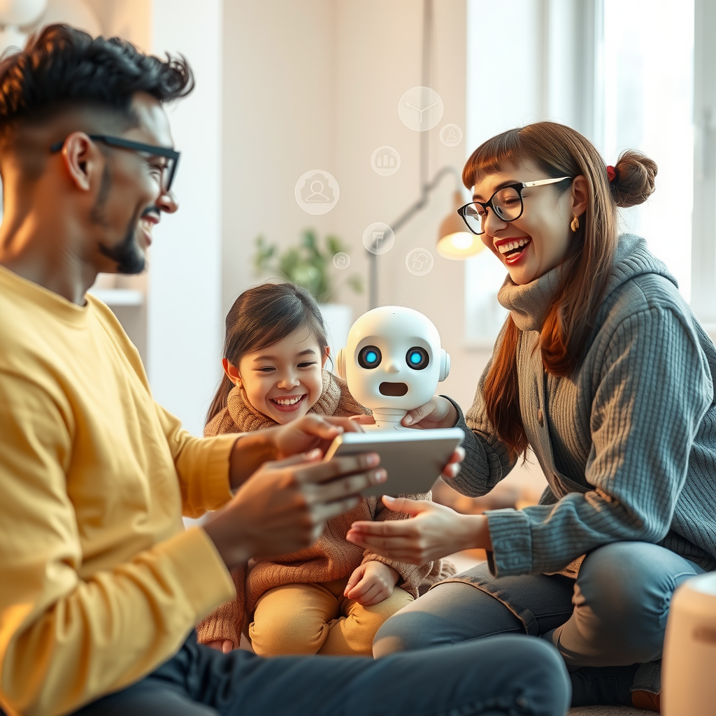 ai-generated image of a happy family engaging with a smart AI assistant, receiving helpful insights