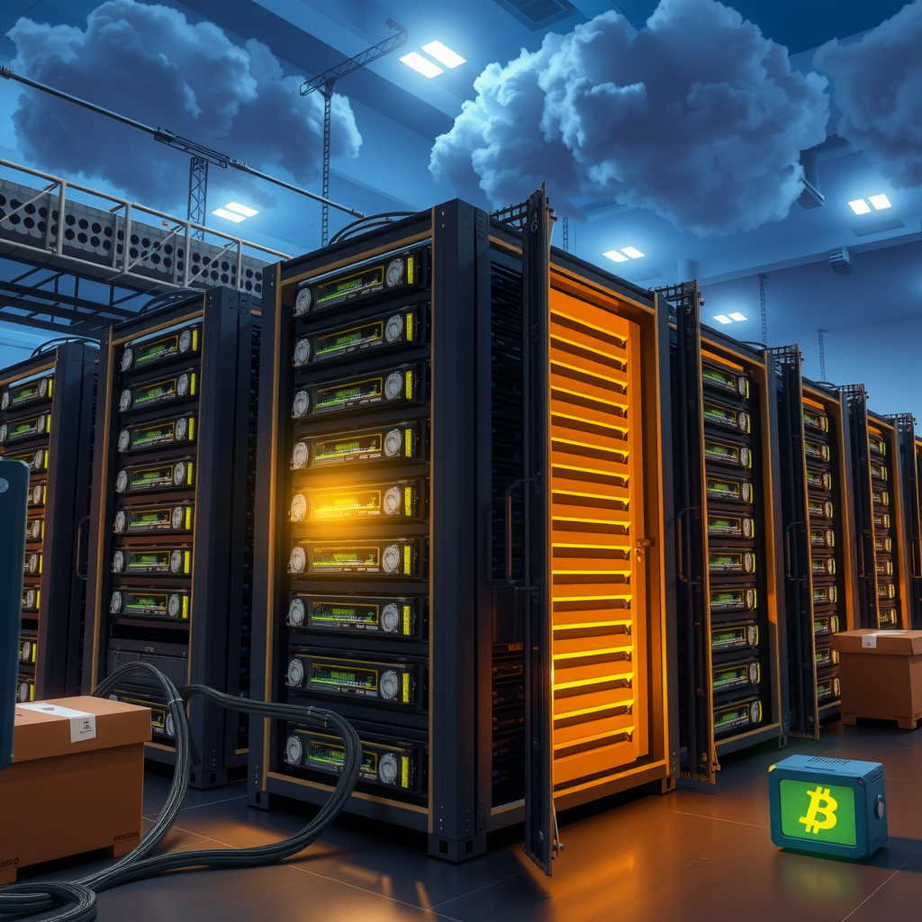 Create an image showing a data center mining crypto