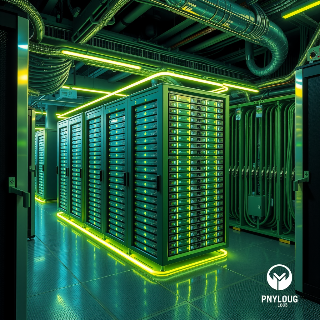 Create an image showing a data center mining crypto