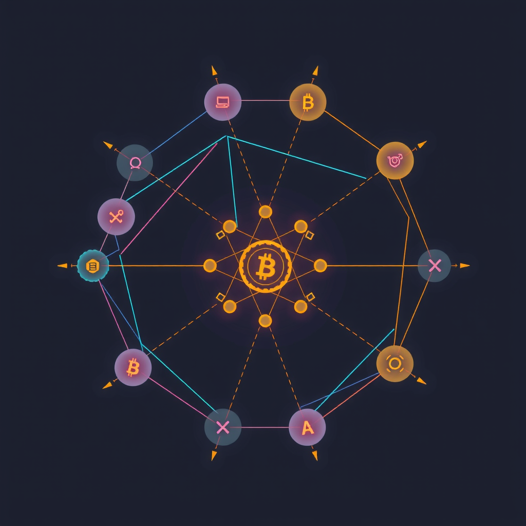 Create an image showing a blockchain in a abstract way with nodes and edges. A kind of network that is running the blockchain.