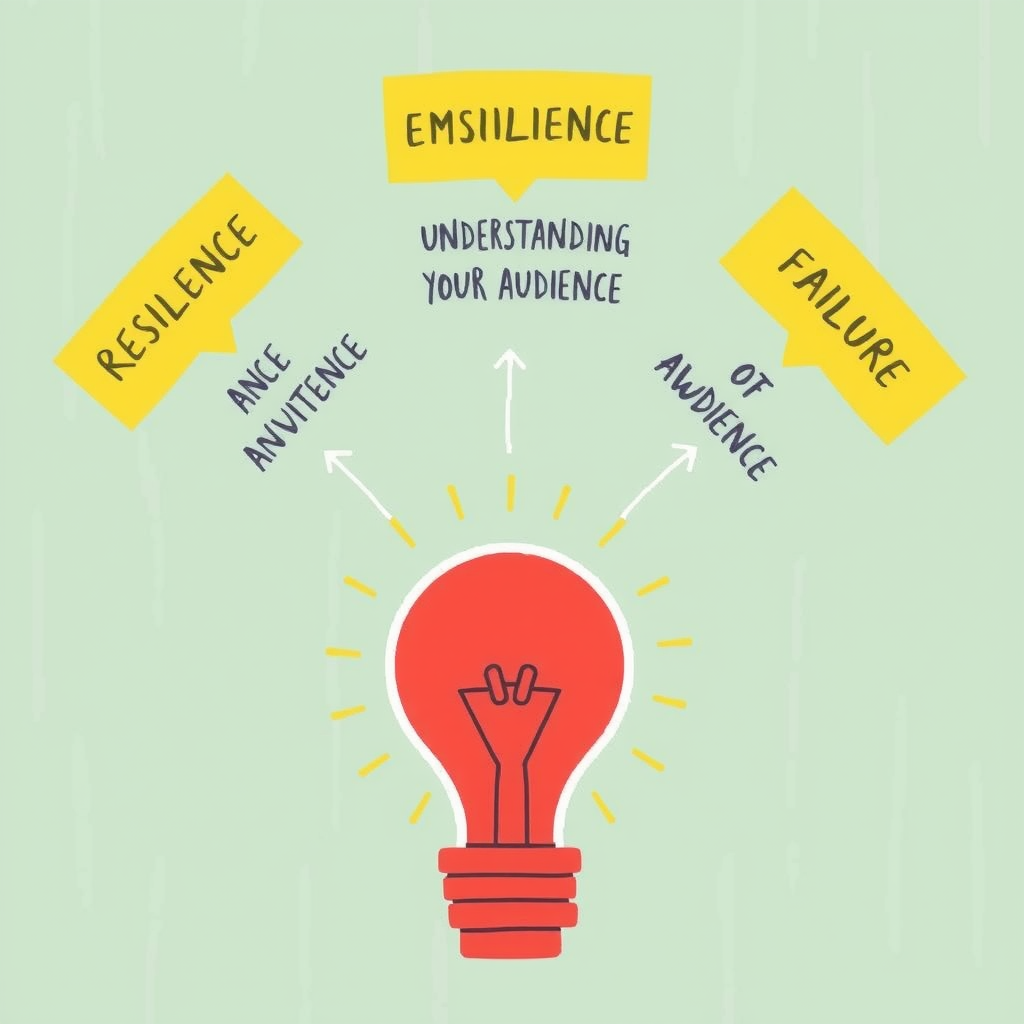 Generate an image about resilience, understanding your audience, or embracing failure. It's about sharing insights and wisdom. Just create an image and do not use text. The image should visualize insights and wisdom that are required to build innovative startups.