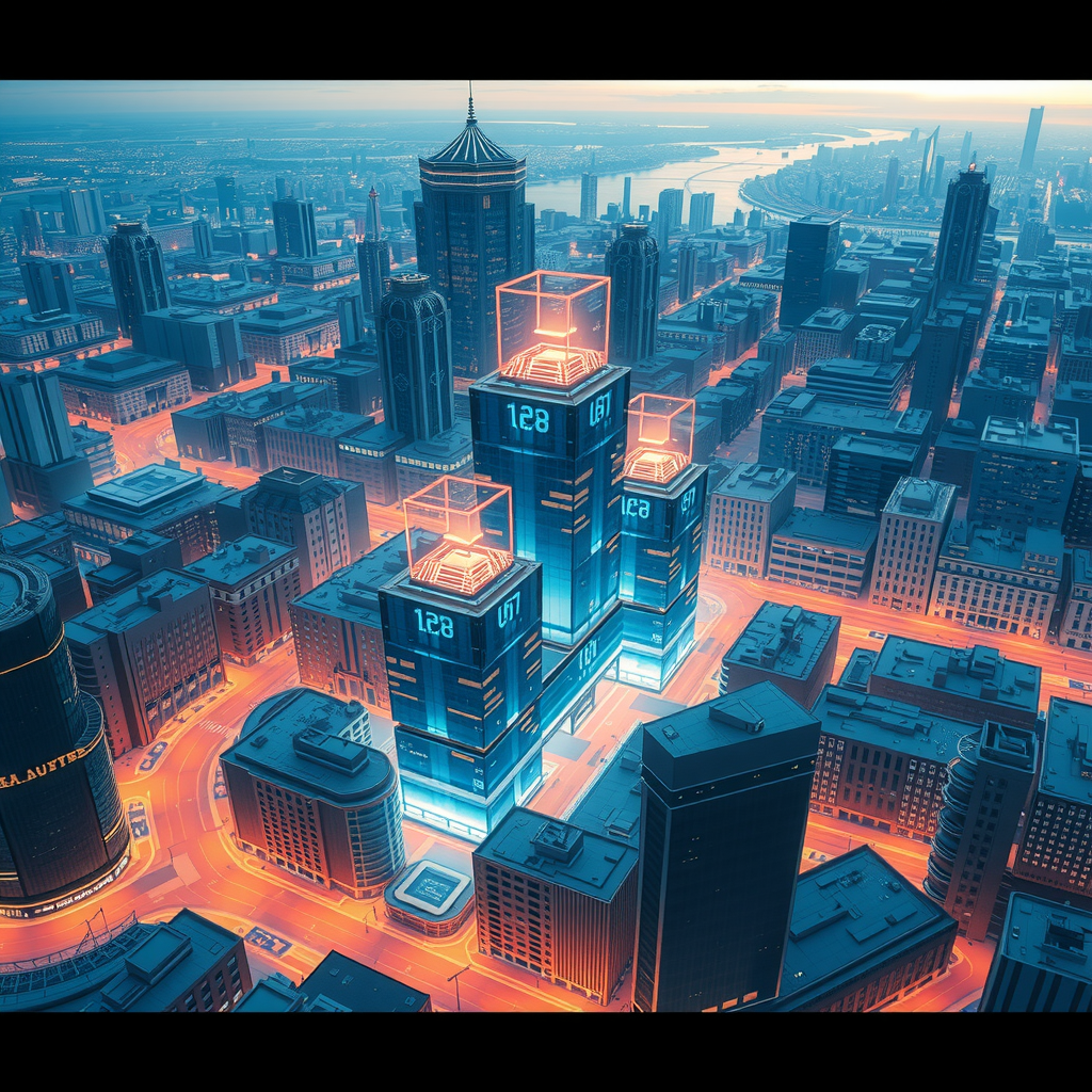 A futuristic city powered by decentralized blockchain nodes, showing a transparent system.