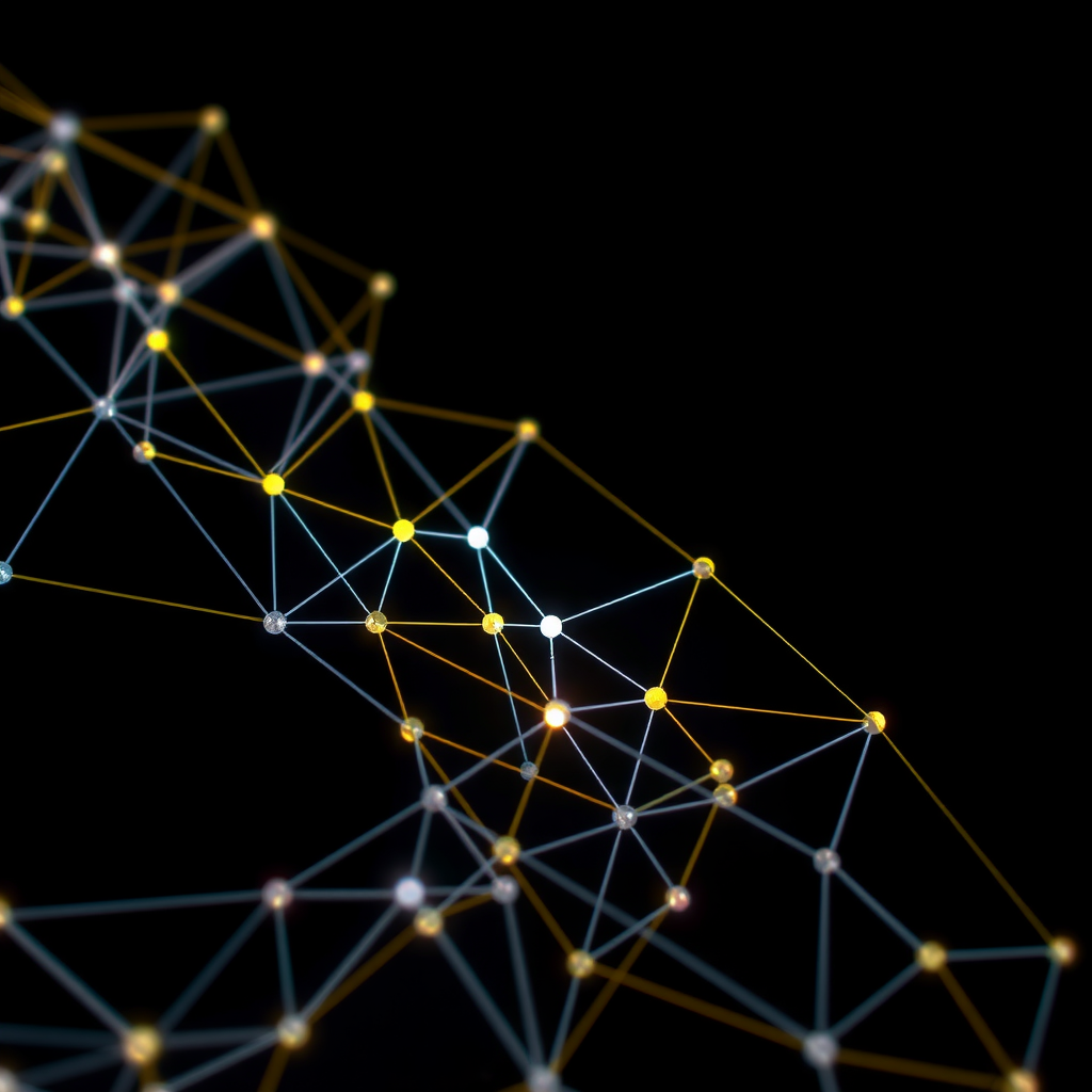 A blockchain which is a network of nodes and edges with a dark background and some blinking showing activity and transactions in the blockchain.