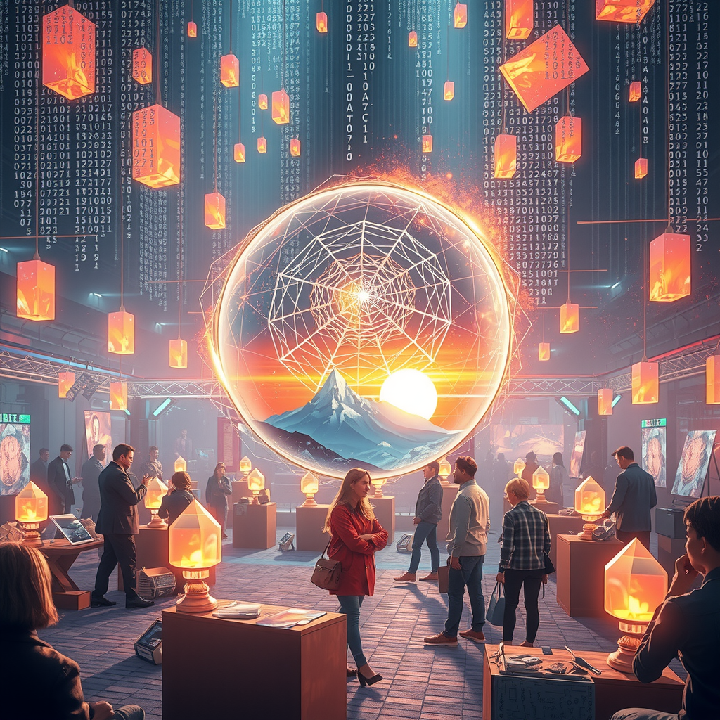 Create an image inspired by the concept of Non-Fungible Tokens or NFTs. The artwork could be a stunning landscape or complex abstract design, surrounded by the ethereal glow of blockchain code strings, hinting at the underpinning technology of NFTs. In the background, portray a digital marketplace, filled with other similar prisms, making a scene that feels futuristic and exploring the excitement and intrigue surrounding the digitized art market.