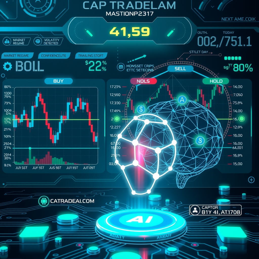 Create a futuristic, high-tech dashboard interface showcasing an autonomous crypto trading AI. The scene includes: • Real-time candlestick charts with AI annotations (“BUY”, “SELL”, “HOLD”) • Labels like “Market Regime: Bull”, “Volatility Spike Detected”, and “Confidence &gt; 80%” • Floating icons or overlays representing DCA, trailing stop, and strategy voting • A glowing neural network brain integrated into a circuit board • Dark mode color palette with electric blue and neon green highlights The style should blend cyberpunk aesthetics with financial UI/UX design, ideal for a promo of CapTradeAI.com — a next-gen autonomous trading agent.