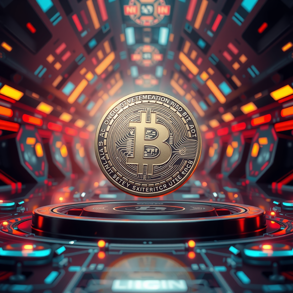 Generate a image showing a bitcoin (BTC) in a futuristic background