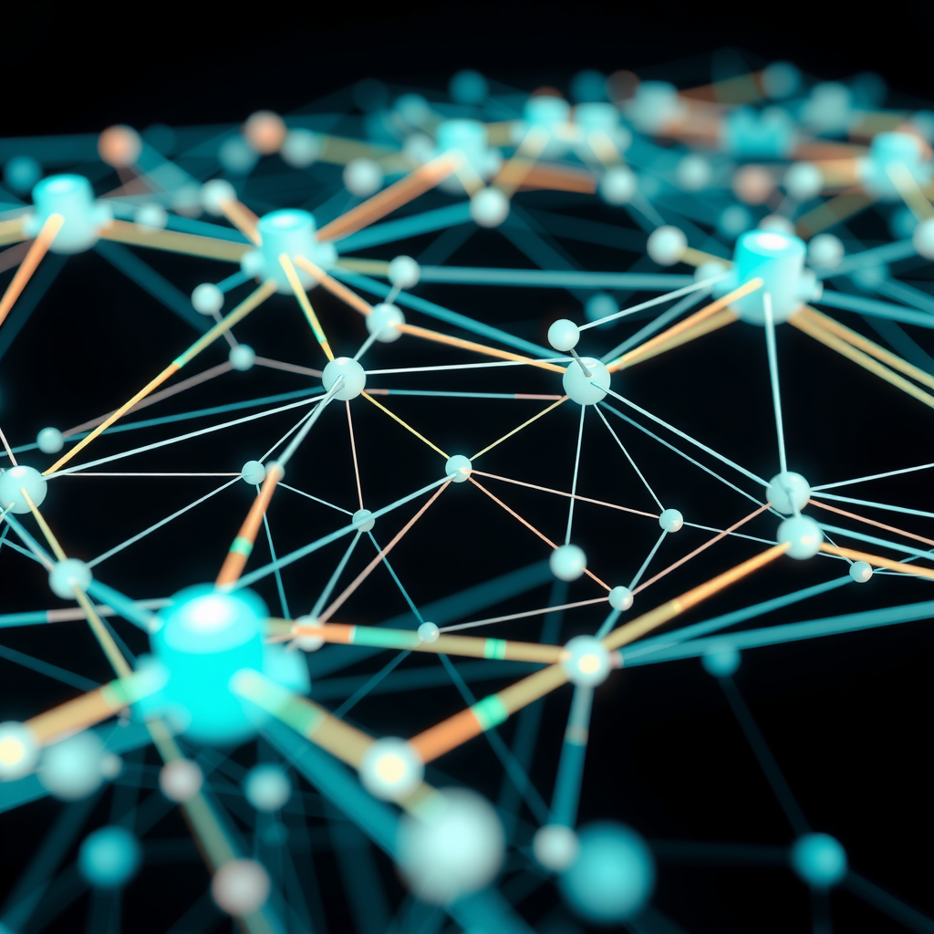 Create an image showing a blockchain in a abstract way with nodes and edges. A kind of network that is running the blockchain.