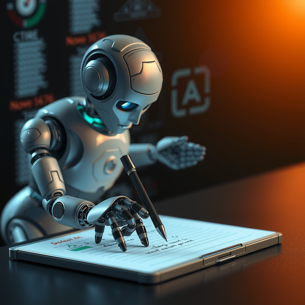 ai-generated image of an AI robot writing on a digital notepad, with words forming dynamically