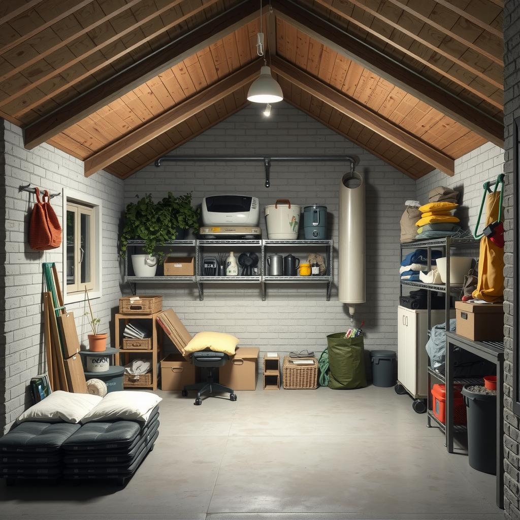 Erstelle ein Bild das zeigt wie private Lagerungsräume aussehen könnten wie z.B. ein Keller, ein Raum in einer Wohnung oder Einfamilienhaus. Es könnte auch eine Garage sein oder ein andere Ort indem man gut Sachen lagern kann.