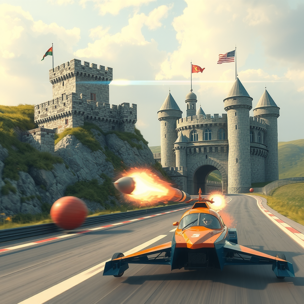 A race between a rocket (speed) and a fortified castle (stability).
