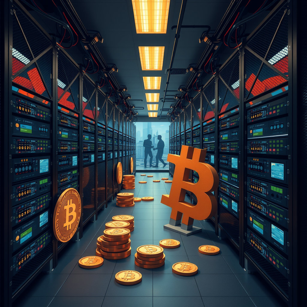 Create a image showing a crypto mining data center which is producing bitcoins or other crypto currencies