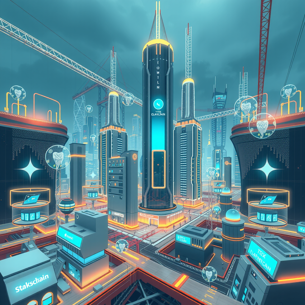 A futuristic city powered by decentralized blockchain nodes, showing a transparent system.