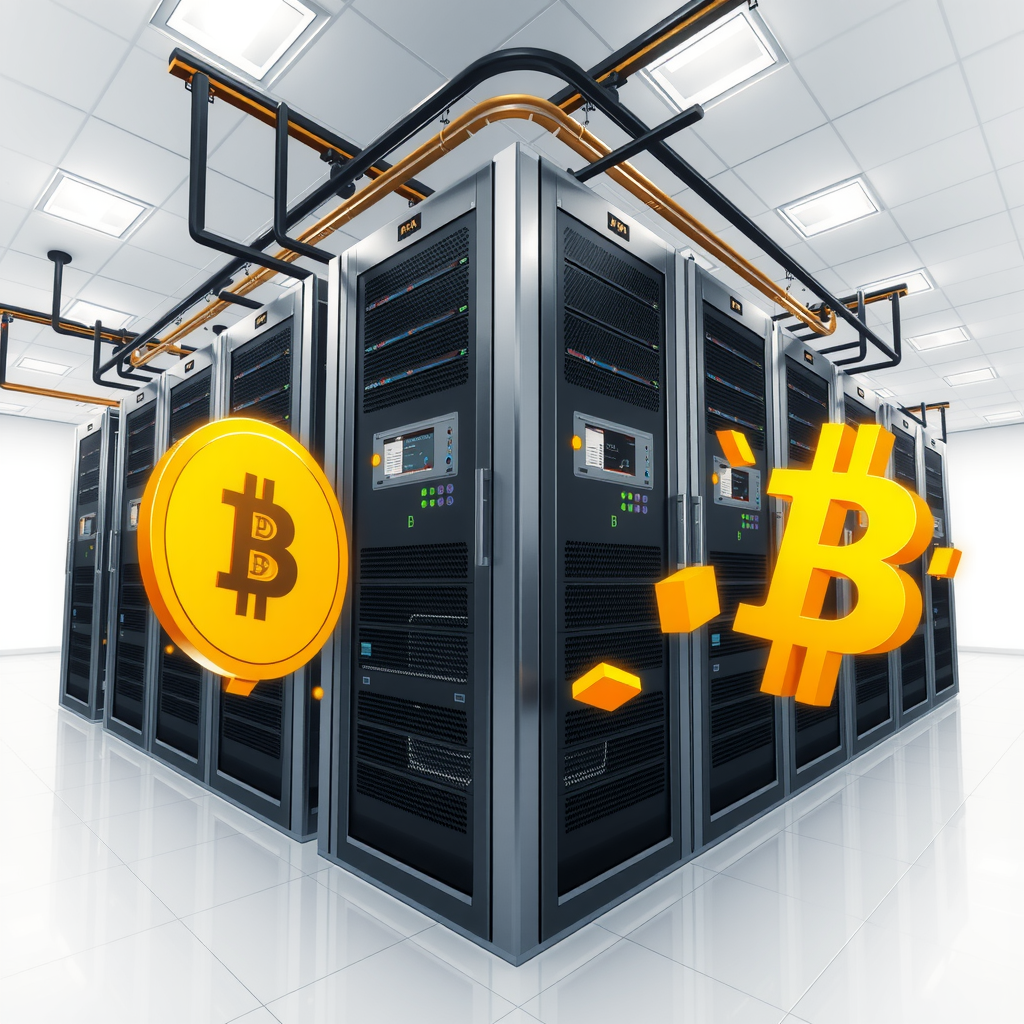 Create a image showing a crypto mining data center which is producing bitcoins or other crypto currencies