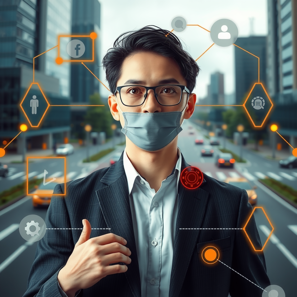 ai-generated image of a business professional facing crossroads, with tech-inspired solutions visualized around them