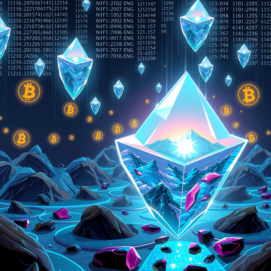 Create an image inspired by the concept of Non-Fungible Tokens or NFTs. The artwork could be a stunning landscape or complex abstract design, surrounded by the ethereal glow of blockchain code strings, hinting at the underpinning technology of NFTs. In the background, portray a digital marketplace, filled with other similar prisms, making a scene that feels futuristic and exploring the excitement and intrigue surrounding the digitized art market.