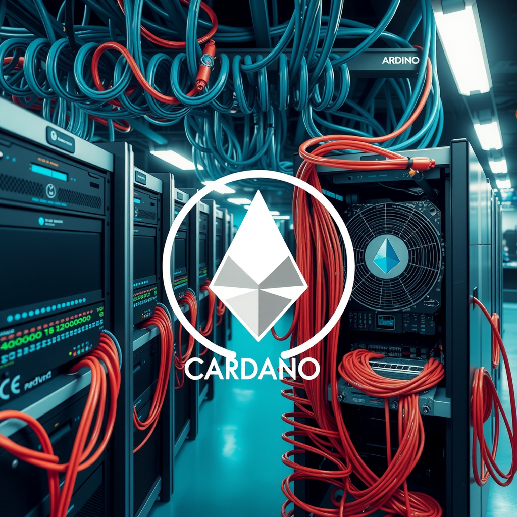 A technical environment with computers, servers, routers and cables mining crypto currencies like cardano ADA.