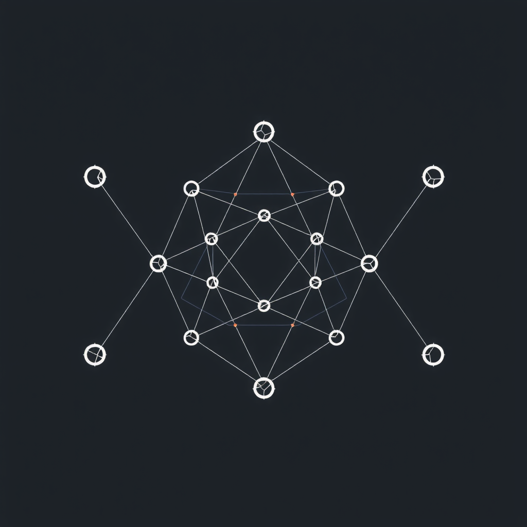 Create an image showing a blockchain in a abstract way with nodes and edges. A kind of network that is running the blockchain.