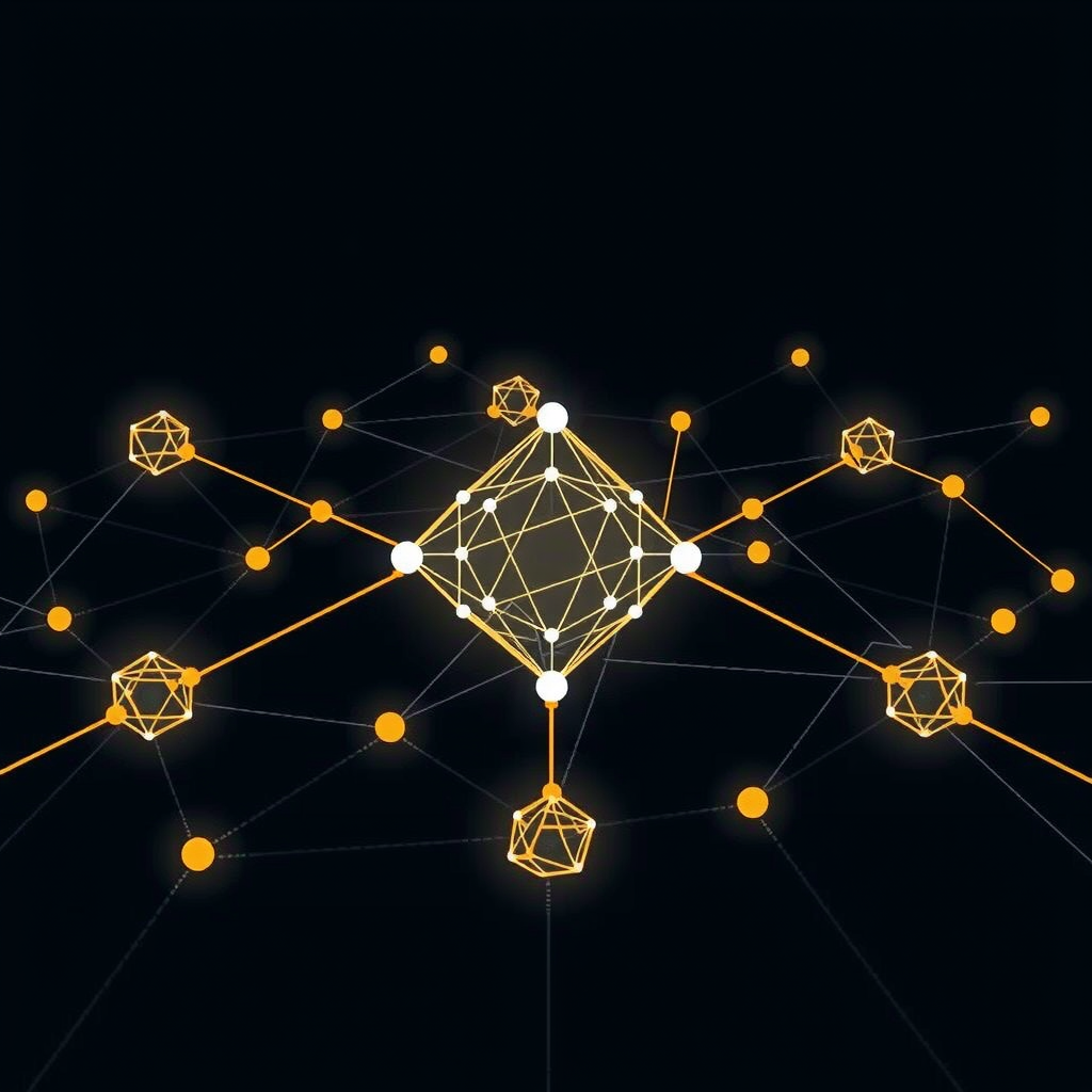 Create an image showing a blockchain in a abstract way with nodes and edges. A kind of network that is running the blockchain.